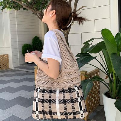 Gewebte Tasche Hohlstricktasche Mode Plaid Große Kapazität Einkaufstasche Retro Tasche Damen Umhängetasche