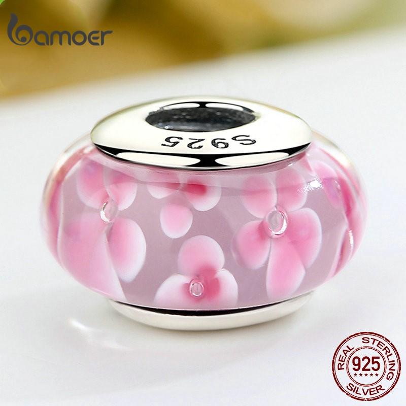 

BAMOER Лидер продаж, розовые цветы, стеклянные подвески, европейские бусины из муранского стекла, подвески для браслетов «сделай сам» 925 silver
