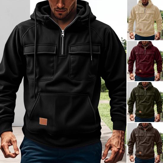 Men Hoodie Zipper Half Placket Hooded Drawstring Long Sleeve Sport Tops with Pockets Solid Color Multi-Pocket Design Warm Sweatshirt