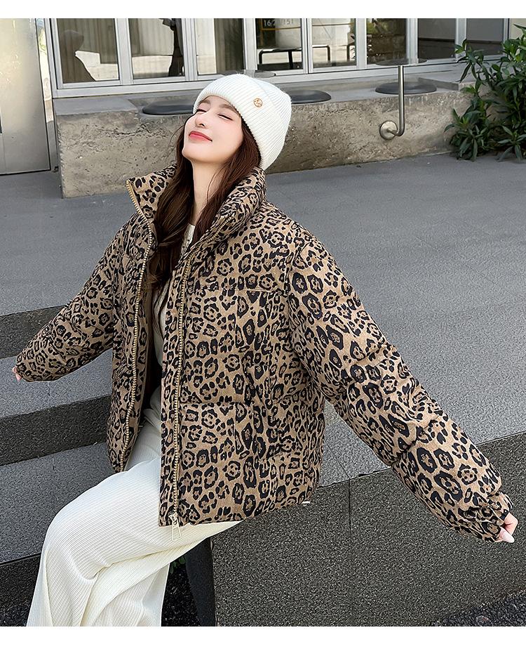 Women's Short Leopard Print Stand Collar Winter Jacket