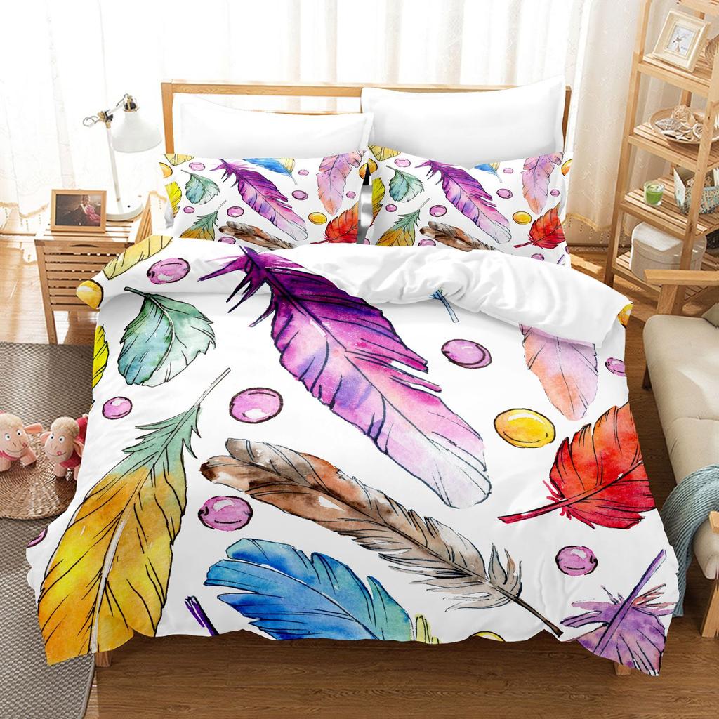 Home Bedding Set Feather Pattern Quilt Cover and Pillow Cover Bedding Set AU/EU/US Full Size Bedding Set