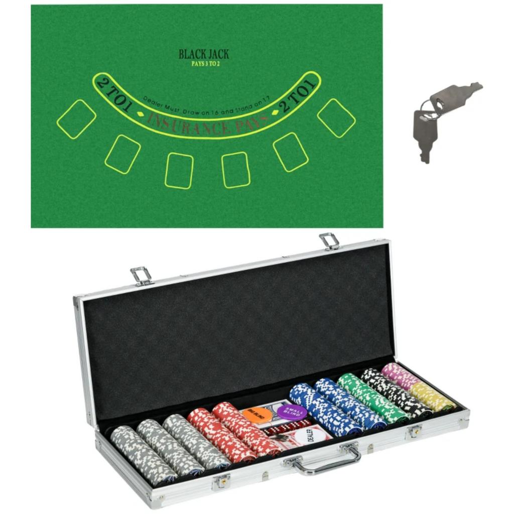 Poker Case Complete Set with 500 Chips, 5 Dice, 2 Card Decks, 3 Buttons and 1 Felt Mat (only with poker chip set)