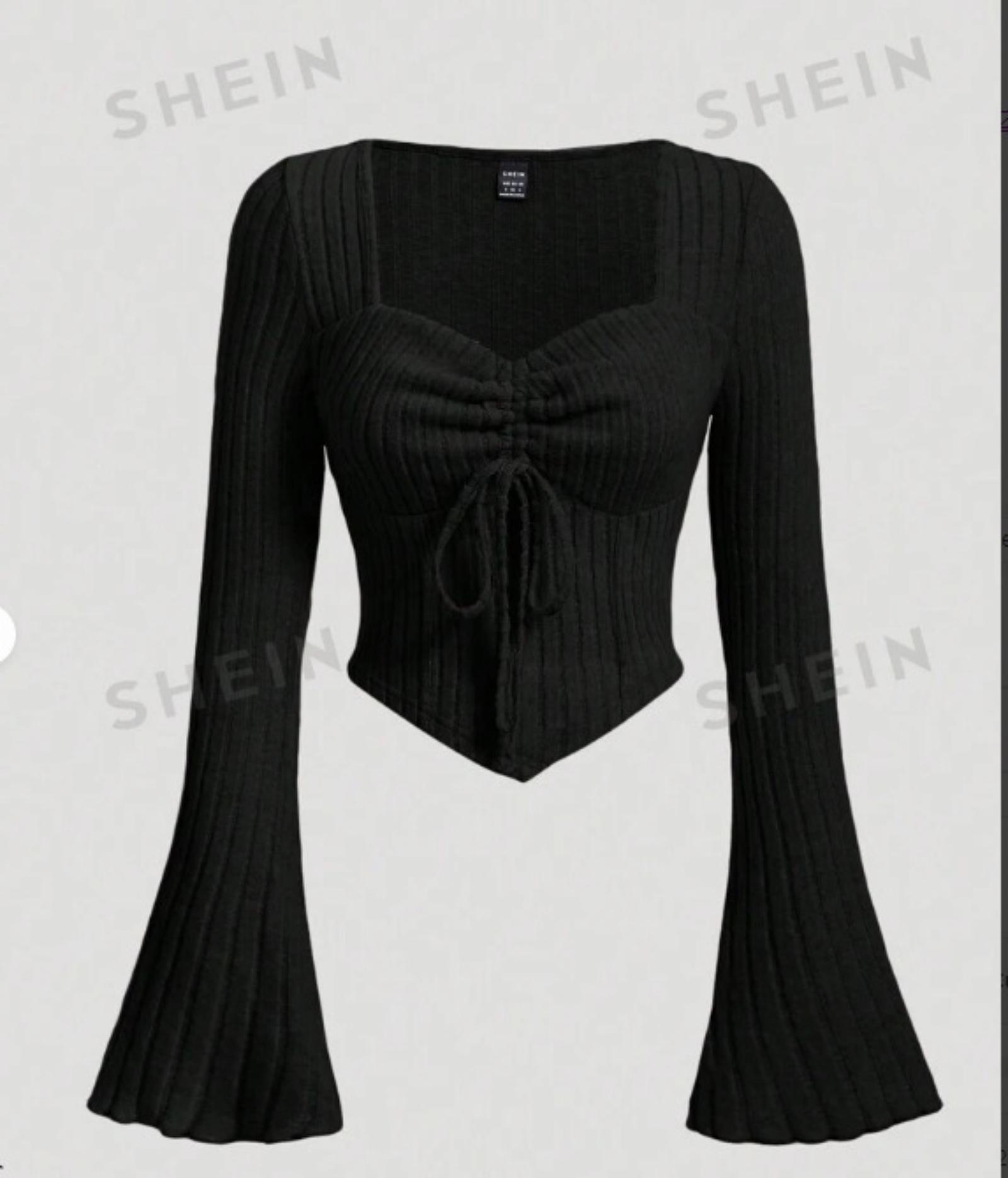 

Women Ribbed Knit Top Drawstring Ruched Front Bell Sleeve Slim Fit Stretchy Pullover Lightweight Sweater XL