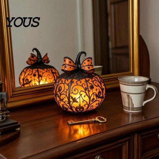 Warmes Nachtlicht 1/2 Stück Halloween Schleife Kürbislicht, Buntglas Schreibtischlampe, Gruselige Jack-o'-Lantern Nachtdekoration für Zuhause Büro Harzlichter