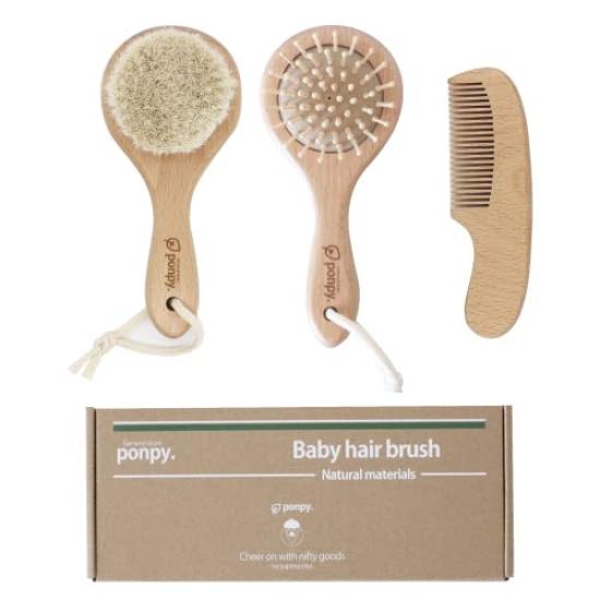 

Ponpy Baby Baby Baby Baby Hair Brush of 3 Brush, Comb, Brush, Comb, Newborn, Infant, (Set Round)