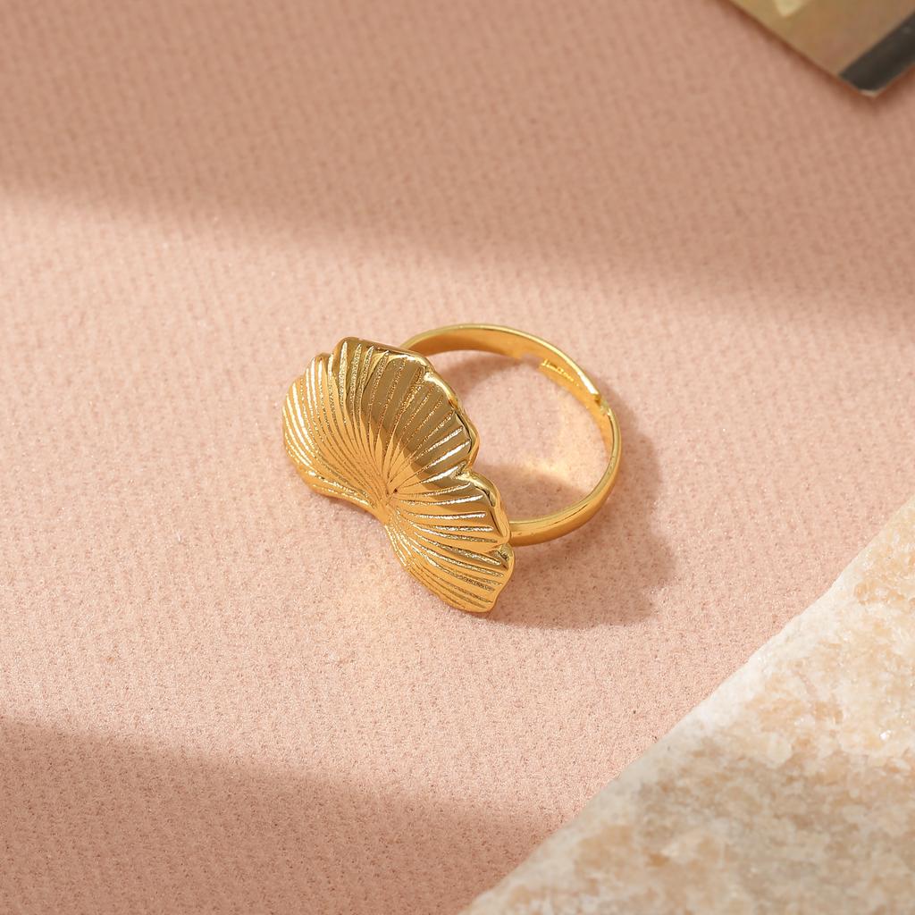 Golden Plated Ginkgo Leaf Open Adjustable Ring for Women Elegant Statement Jewelry Gift