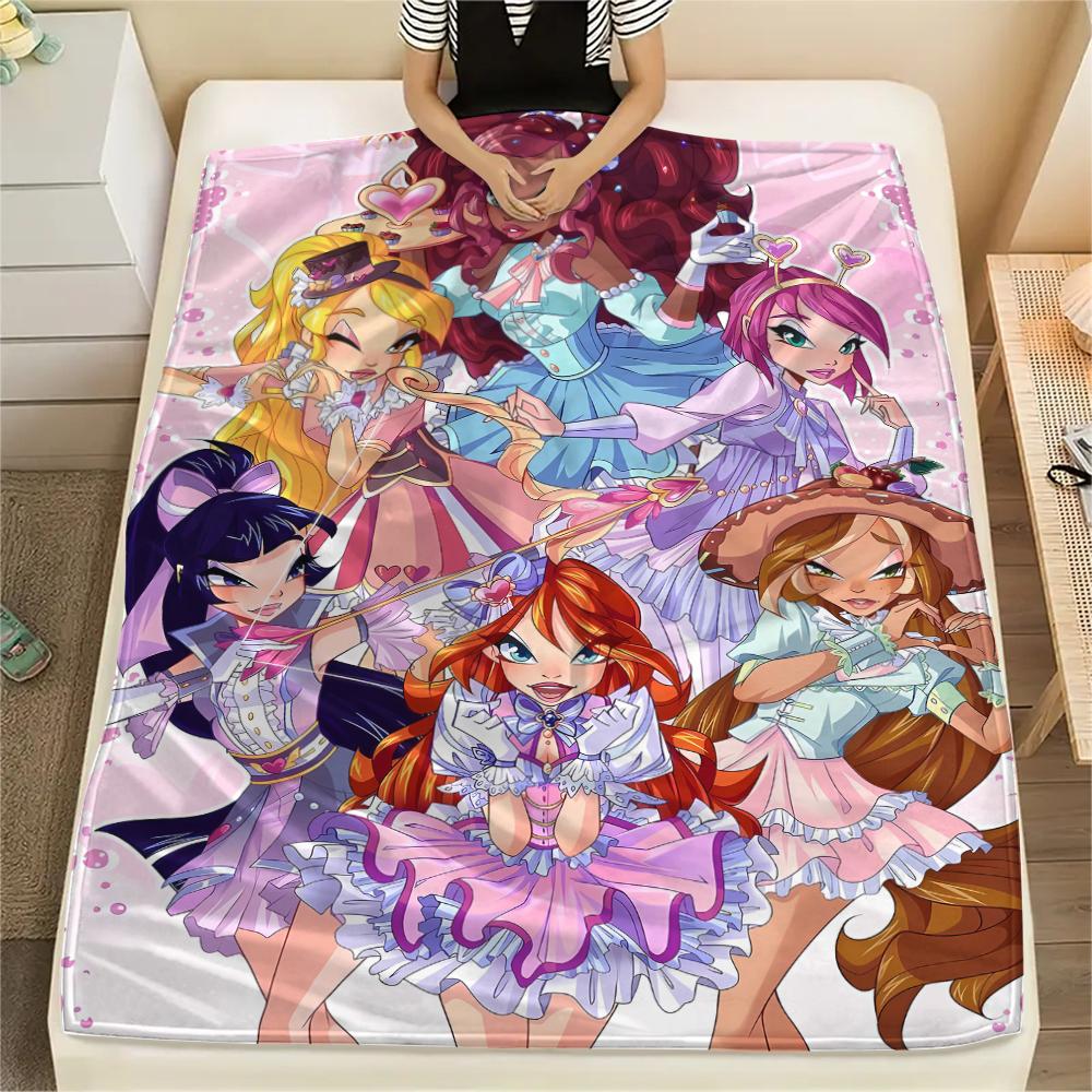 1PC WonderfulPrecur,Winx Club Print Flannel Blanket, High Quality All Seasons, Home Decor, Warmth and Comfort, Perfect for Christmas Gifts