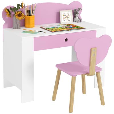 Desk Set for Children, Work Table and Chair with Bear Shape, Drawer, for Writing and Crafting, 3-8 Years, Pink