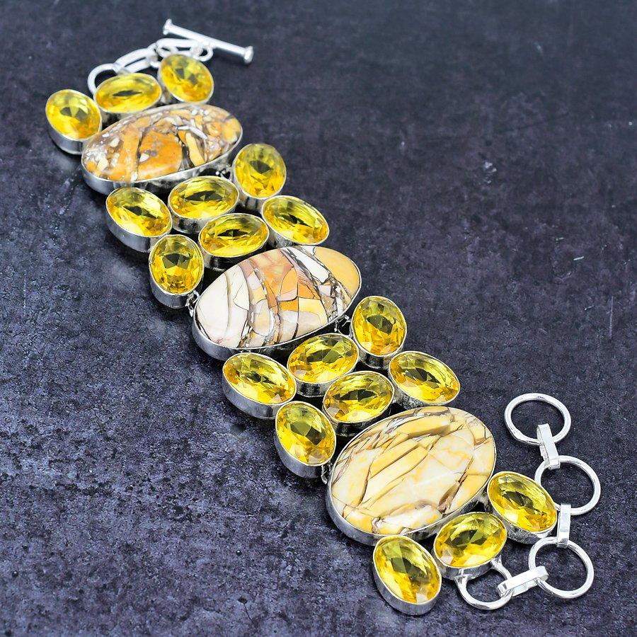 Brecciated Mookaite, Citrine Gemstone 925 Sterling Silver Bracelet 7-8"