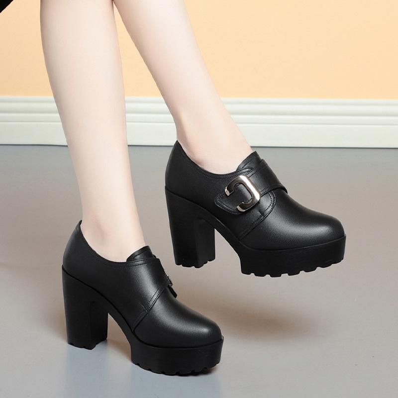 British Style Deep Mouth Soft Leather Chunky Shoes 2025 Spring Block High Heels Shoes Women Oxfords For Office Grace Mode