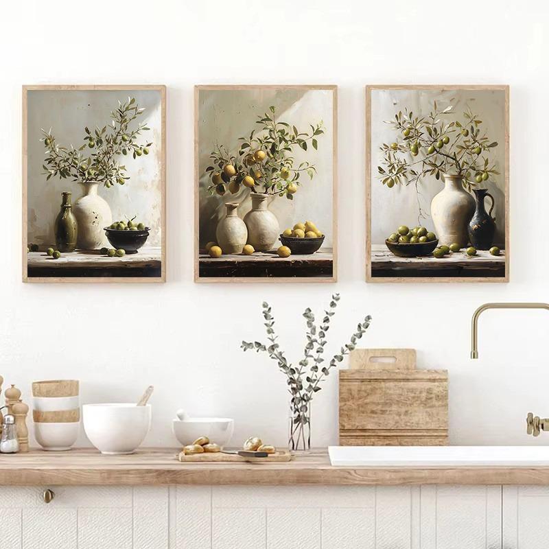 Vintage Stillleben Poster Drucke Zitrone Olivenbaum Pflanzen in Vase Wandkunst Leinwandmalerei Botanisch Antik Heim Zimmer Dekor