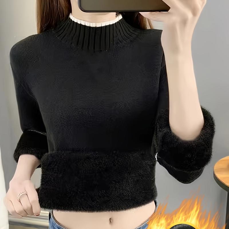 Women's Cozy Fleece-Lined High-Neck Sweater Thick Warm Long Sleeve Pullover with Soft & Stylish Fall/Winter Highneck Sweater
