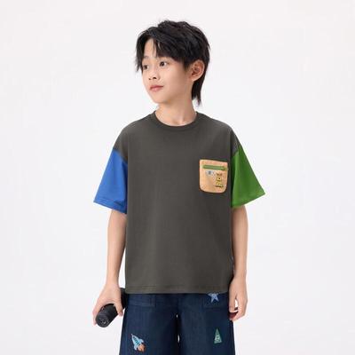 Xiao Yin Man Boys' Color-Block Cartoon Patch Pocket T-Shirt