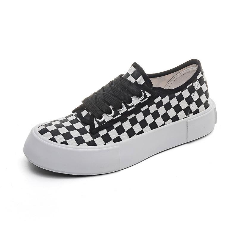 Black and white plaid canvas shoes women's trendy new board shoes spring platform heightening shoes big head shoes cute shoes