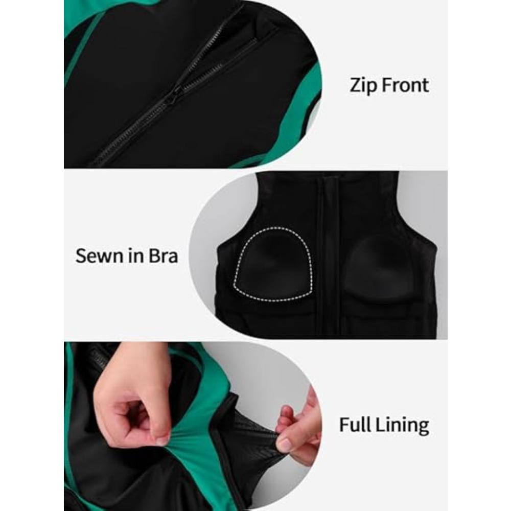 CHARMLEAKS Womens Athletic One Piece Swimsuits with Built in Bra Front Zip Modest Boyleg Bathing Suit