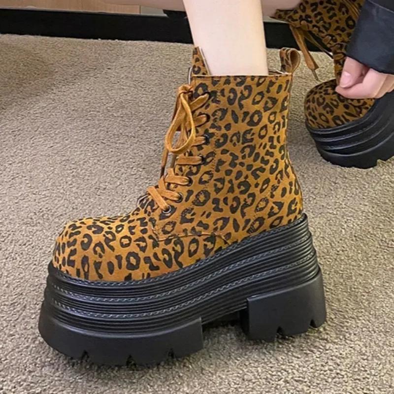 Leopard Platform Women Ankle Boots Super High Heels Designer Winter Suede Snow Shoes 2025 Trend Woman Autumn Lace Up Botas Mujer