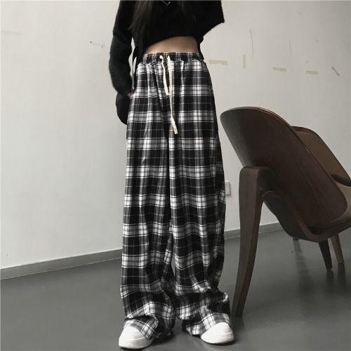 Harajuku Black and White Plaid Pants Women Summer Casual Wide Leg Trousers Korean Fashion Loose Straight Pants Y2k Bottom