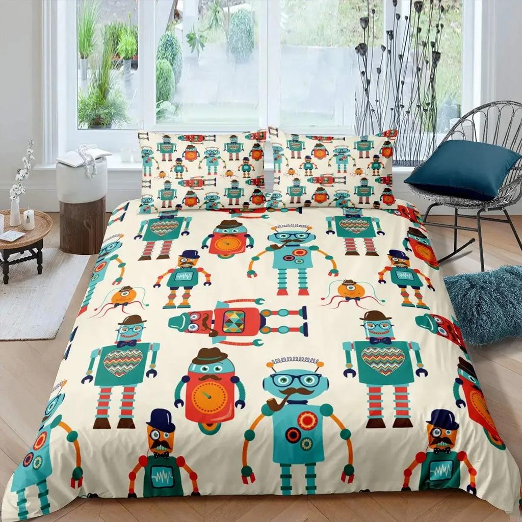 Robot Duvet Cover Set Boys Girls Watercolor Robot Quilt Cover Modern Cartoon Super Robot Pattern Bedding Set Comforter Cover Set