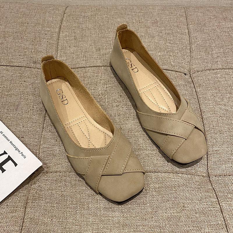 

spring and summer new women s shoes retro casual fashion square head shallow mouth flat bottom flat heel women s single shoes 35 хакі