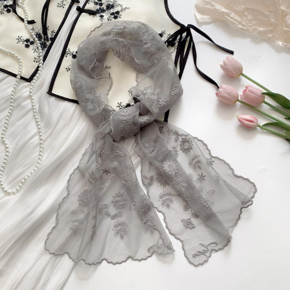 

Thin Neckerchief Embroidered Flower Lace Scarf New Shawl Women сірий