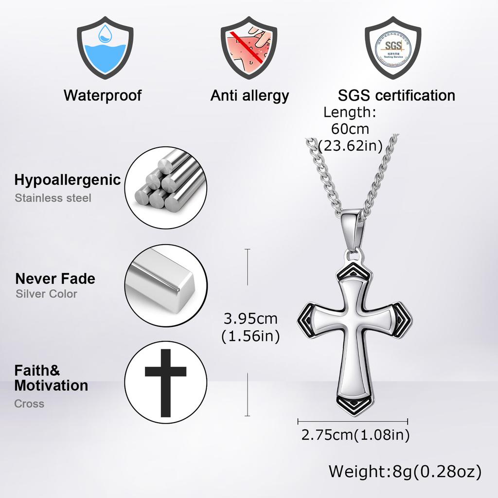 Vnox Men's Punk Cross Necklace, Stainless Steel Cross Pendant with Cuban Link Chain, Vintage Silver Color Jewelry for Men Boys