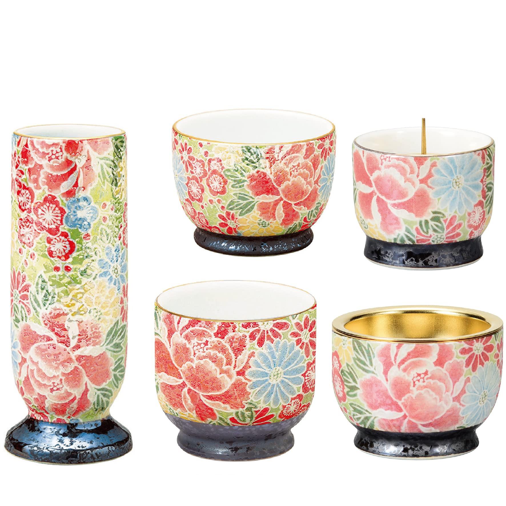 

This miniature, modern Arita ware Buddhist altar set includes a flower vase, candle holder, rice bowl, teapot, and incense burner. Perfect for Obon,