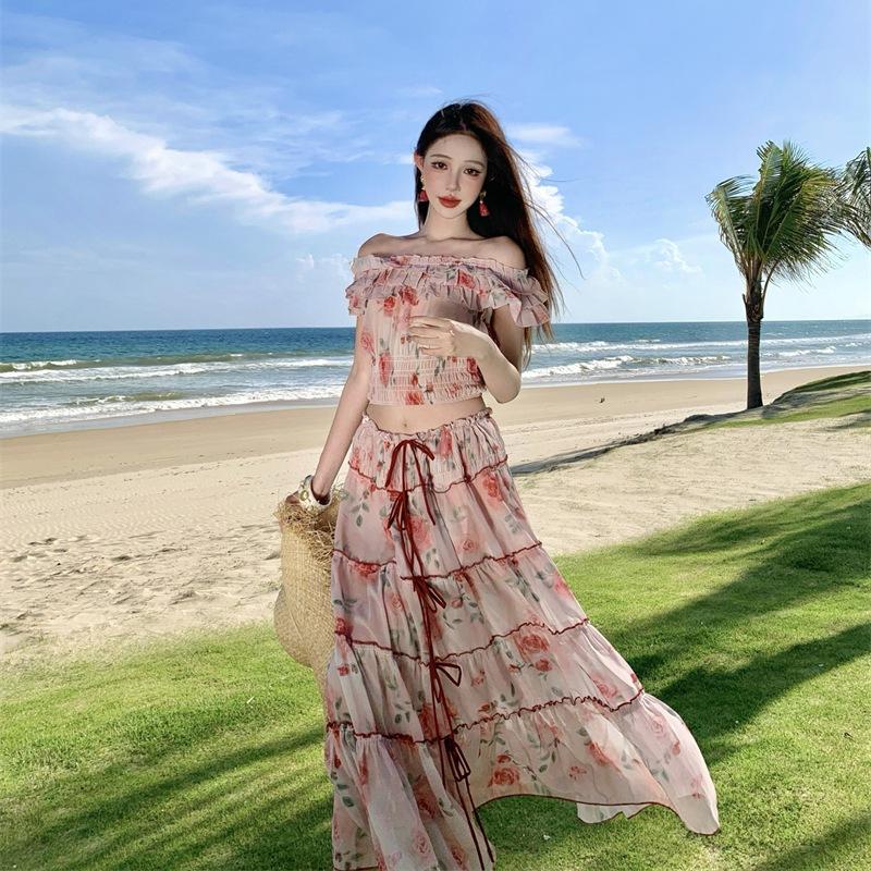 1011 Large Size French Pure Lotus Leaf Edge Shoulder Top Women's Summer Slightly Fat Vacation Skirt Floral Suit