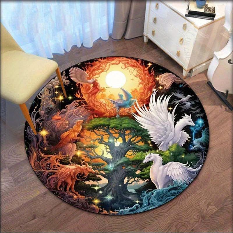 

Fantasy Tree Phoenix Unicorn Mythical Creatures Round Rug Soft Crystal Velvet Floor Mat Magic ArtDesignHomeDecorLivingRoomCarpet 60cm x 60cm