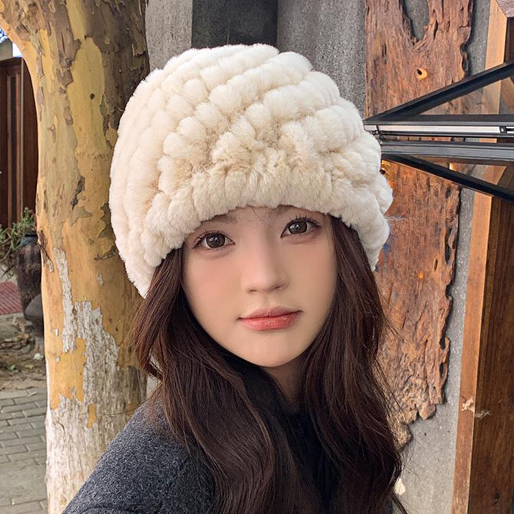 Căciulă din Păr de Iepure Rex Real pentru Femei, Căciulă Groasă din Păr, Blană, Caldă și cu Protecție pentru Urechi, Căciulă Tricotată Plușată, Toamnă și Iarnă, Căciulă Baotou