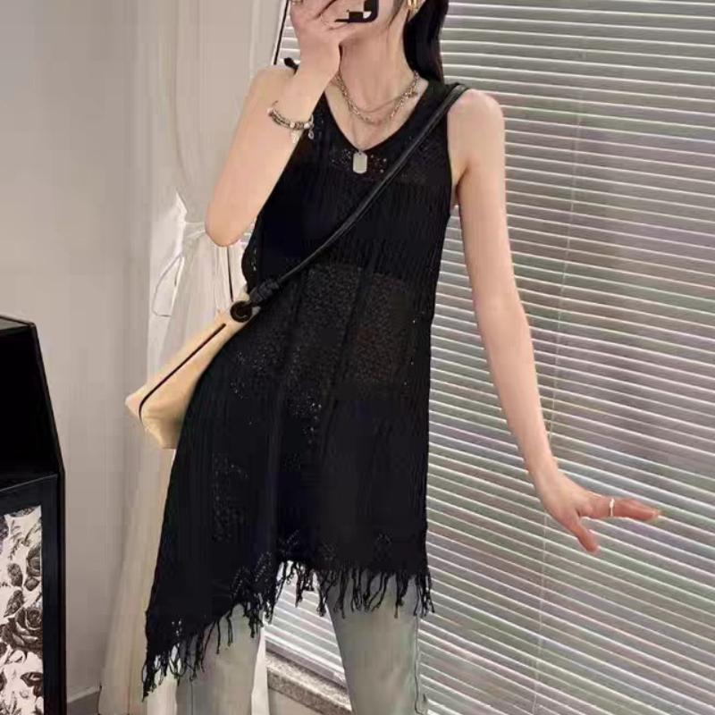 

Летний женский трикотажный свитер-пуловер без рукавов, однотонный, с ажурной вязкой и бахромой, длинный топ One Size чёрный