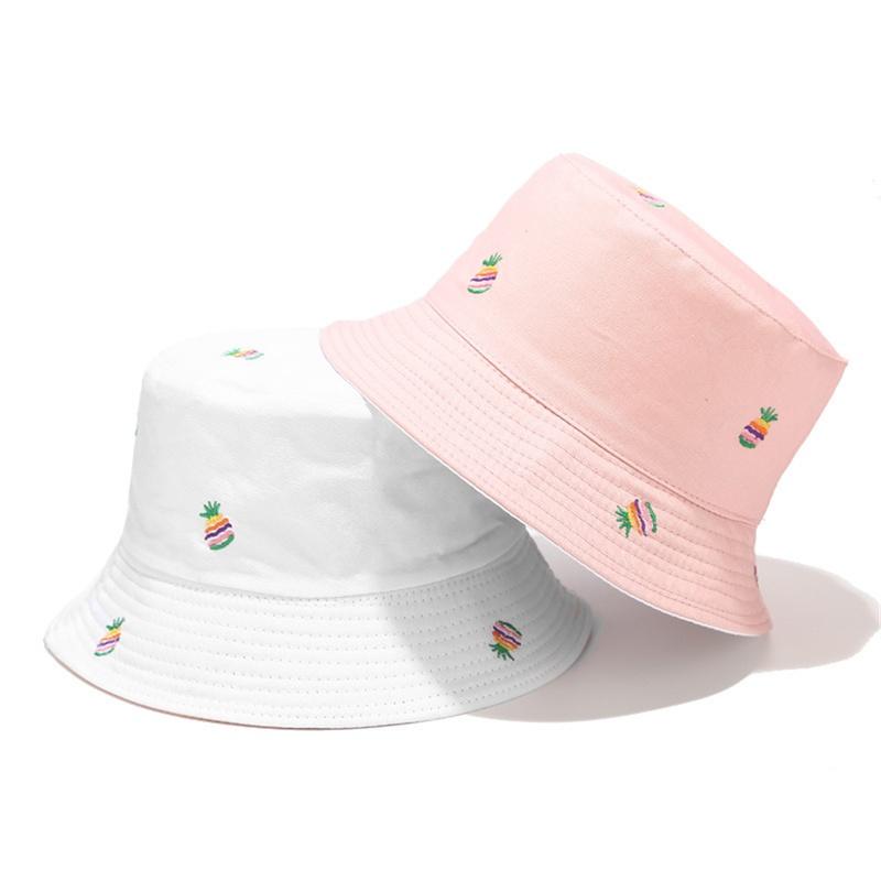 New Pineapple Embroidery Bucket Hat Unisex Double-sided Fisherman Hats Men Women Outdoor Sun Visor Travel Pot Hats