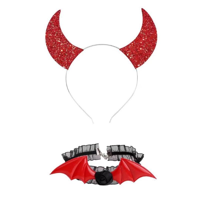 Gothic Dark Glitter Girls Choker Collar Rose Devil Wing Headband Set Gothic Bat Wing Versatile Choker