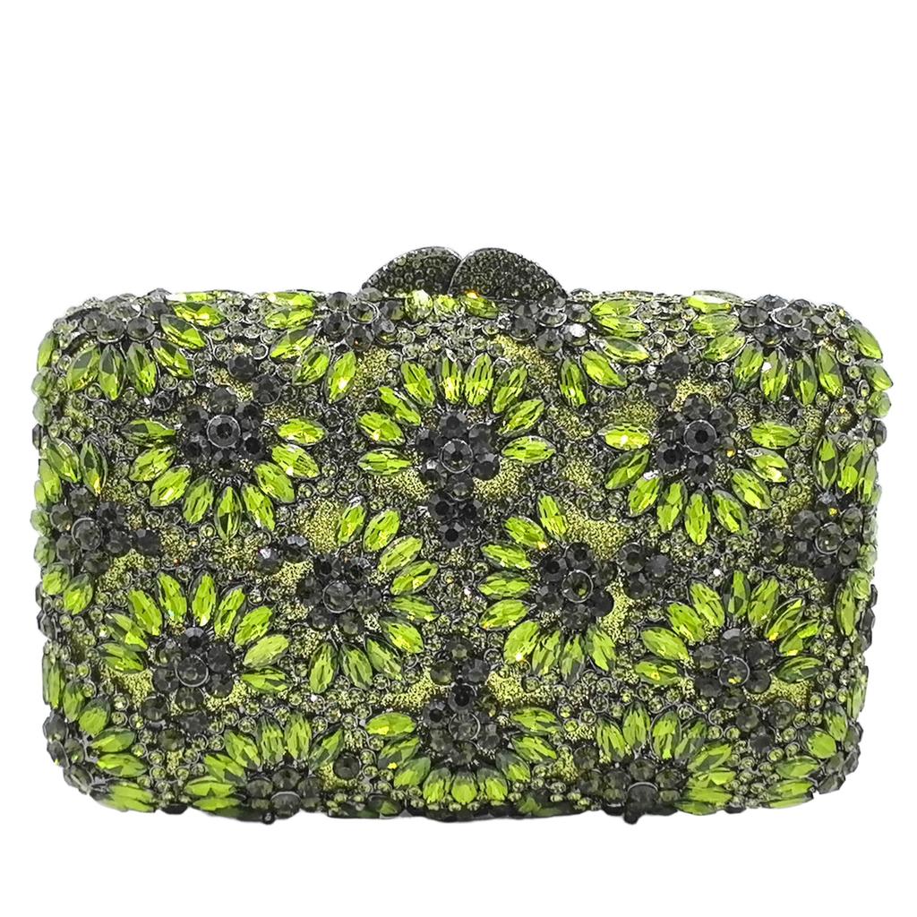 Boutique De FGG Green Rhinestone Clutch Purses for Women,Flower Evening Bags and Clutches, Formal Wedding Clutch Minaudiere Bags