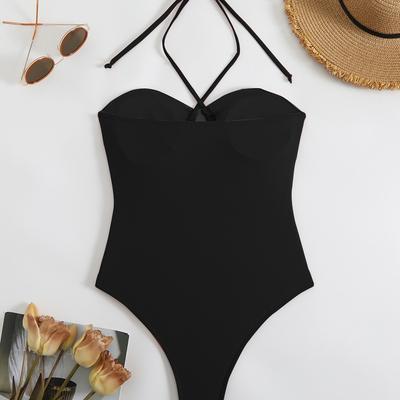 1011 New Bikini Women's One-piece Swimsuit Solid Color Cross-Neck Skinny Hollow Swimsuit