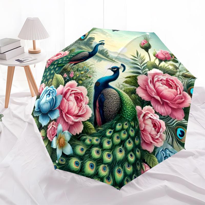1pc Peacock, feathers pattern Umbrella Portable Folding Umbrella Iron Frame Hole Bone Structure Outdoor Home Umbrella
