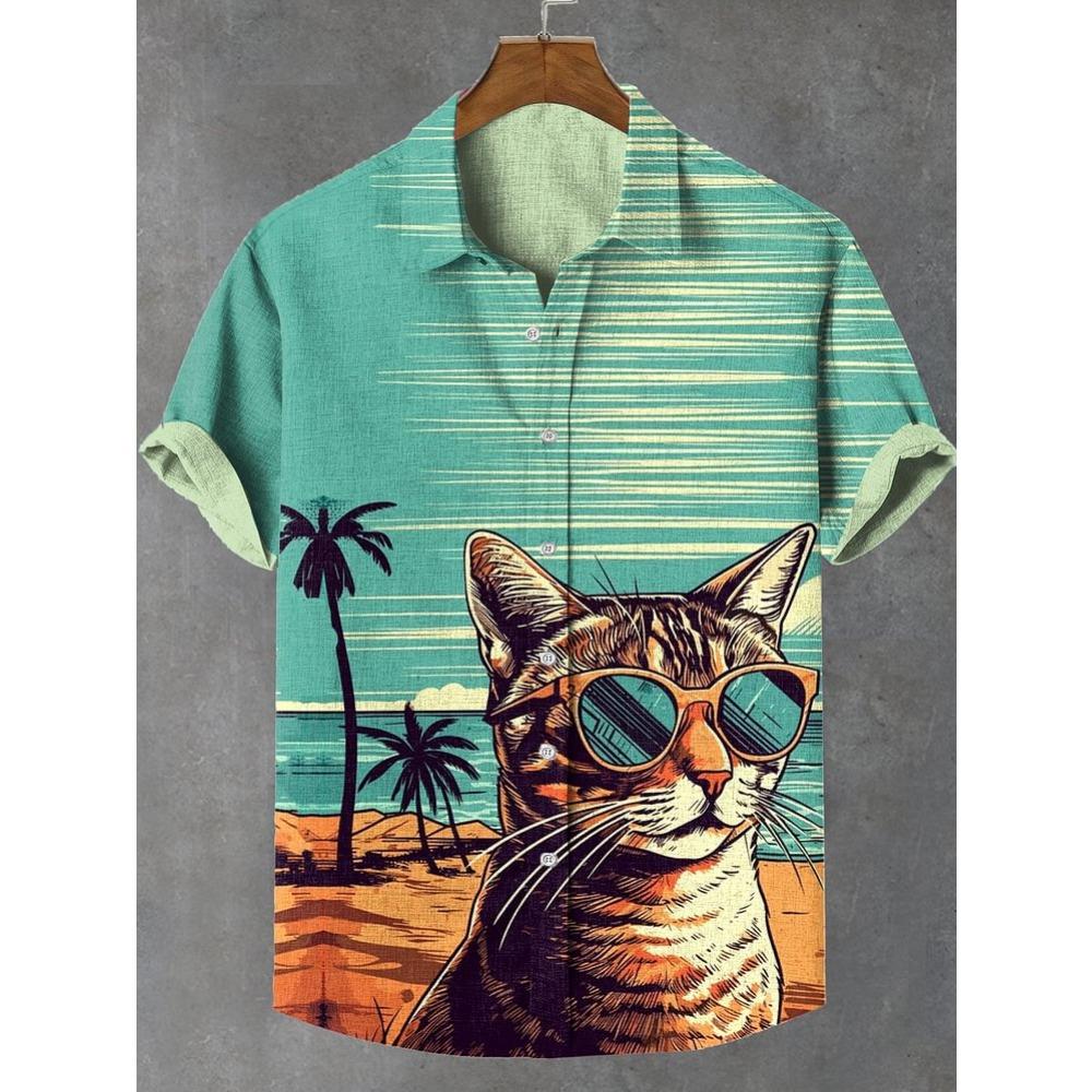 Men's Sunflower Cat All Over Art Print Shirts 3D Anime Hawaiian Shirt Men Women Short Sleeve Lapel Blouse Oversized Y2k Top