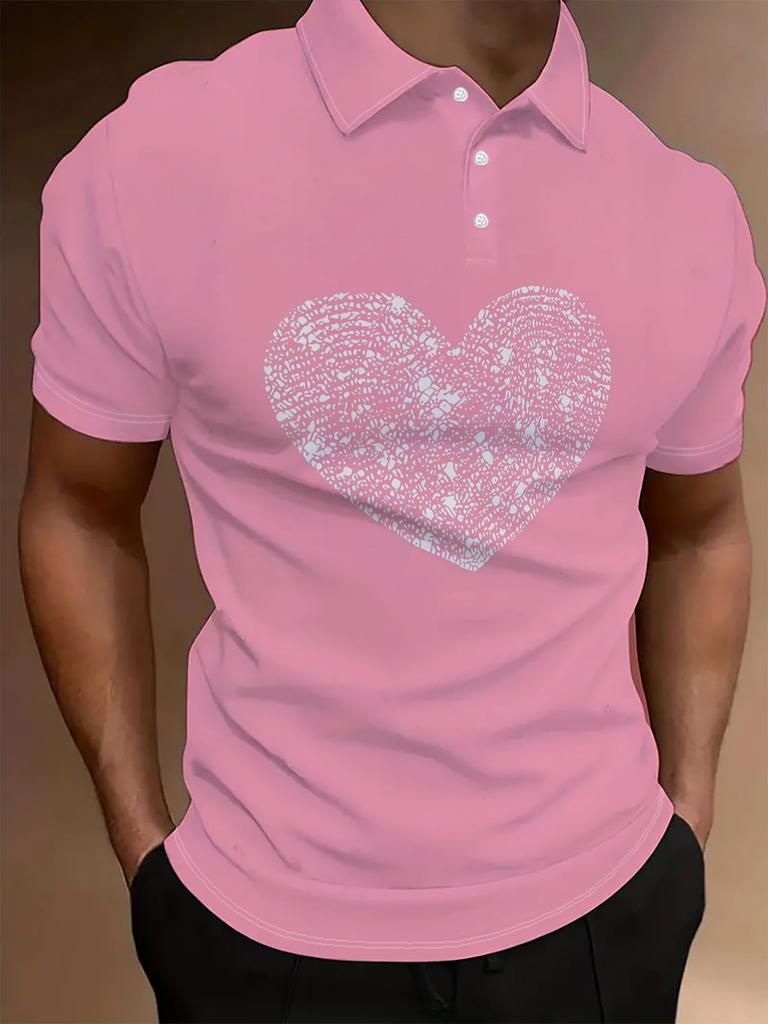 Valentine'S Day Print - Men'S Short Sleeve POLO Shirt, Flat Digital Print Pattern - Untextured Pink Background Shiny Hearts, Fashionable And Easy