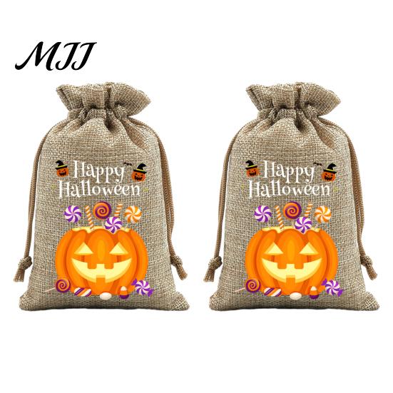 Small Storage for Candies 2Pcs Halloween Pumpkin Drawstring Bags Candy Treats, Retro Burlap Pattern Party Favors Trick or Treat Bags, Portable Goodie