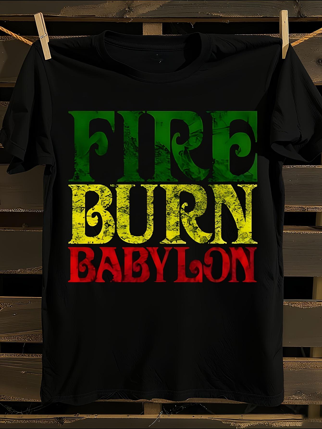 Reggae-Inspired Fire Burn Babylon Rasta Color Block T-s... L