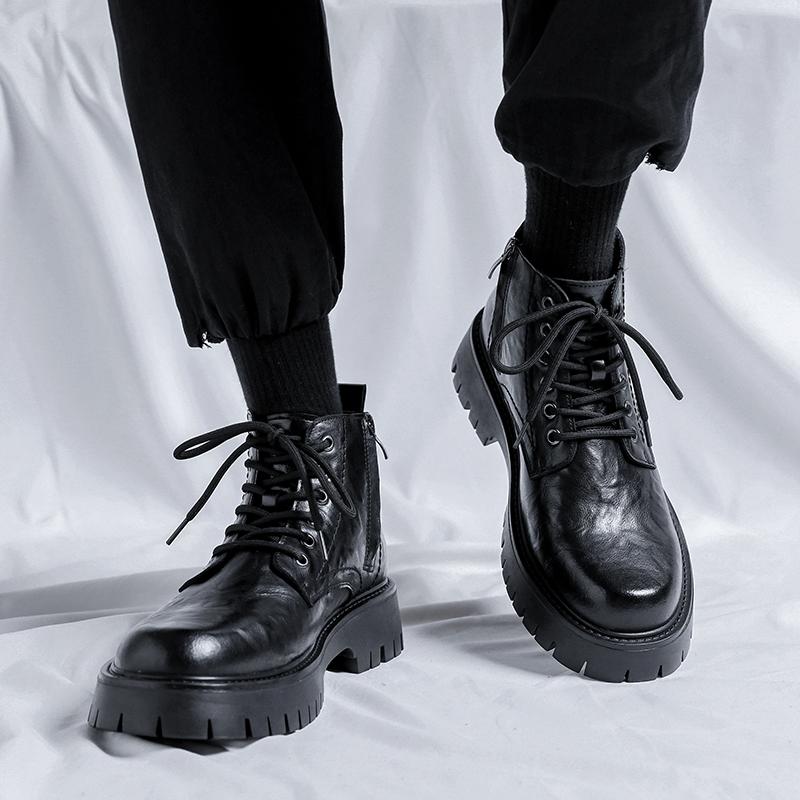 Fashion High-quality Leather Fashion Brand Outdoors Men's Glossy Comfortable Thick Soled Chelsea Retro Casual Side Zipper Lace Up Boots