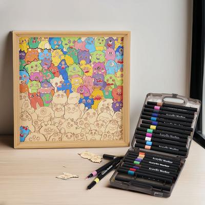 Wooden Coloring Puzzle Kit with Photo Frame Marker Pens DIY Kids Adults Hand-Painted Cartoon Jigsaw Puzzle Decoration Ornament