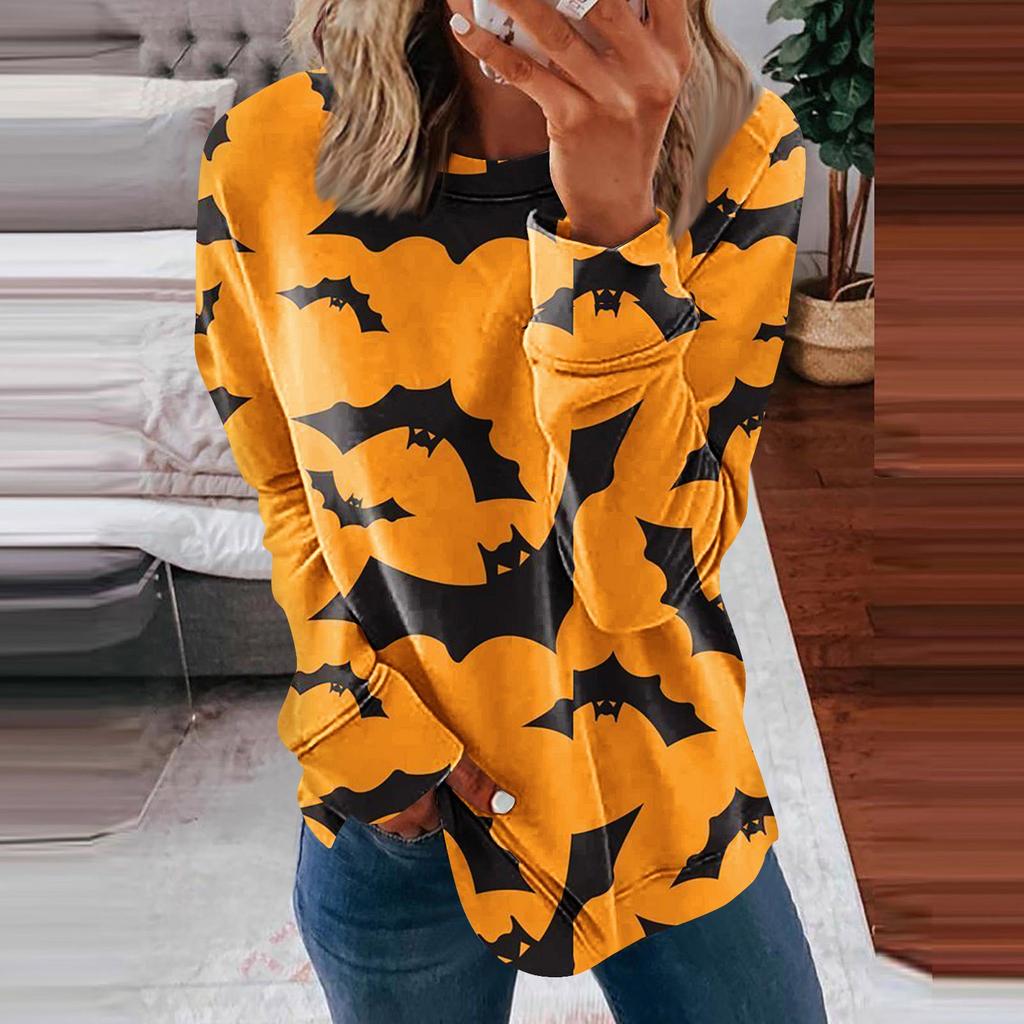 Blusa de algodón con cuello redondo para mujer, informal, a la moda, con estampado de Halloween, manga larga, cuello redondo, blusa superior