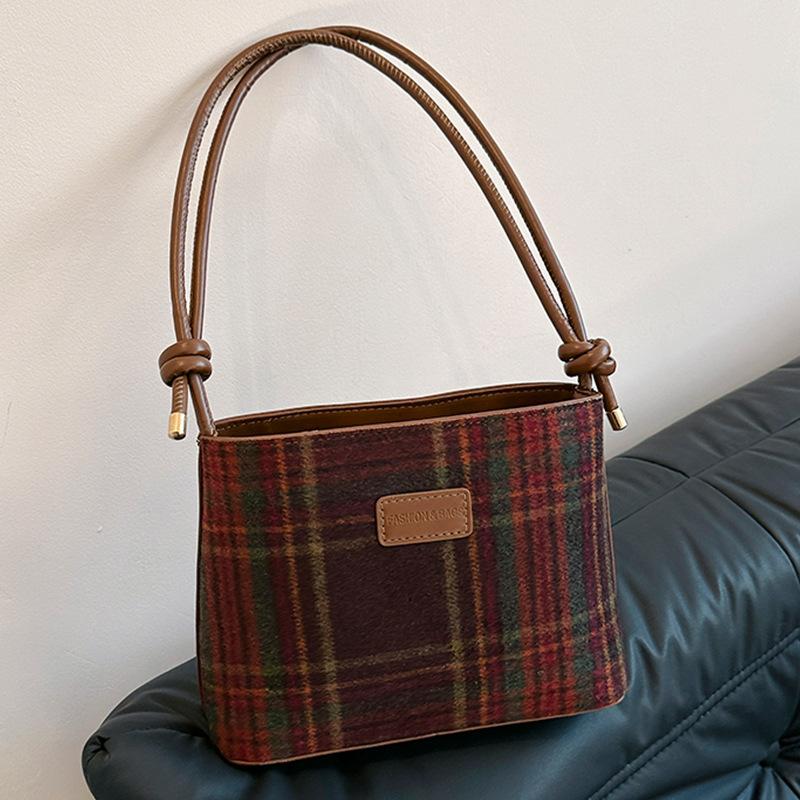 

Ретро-вовняна плед-сумка через плече контрастного кольору, осінь і зима, жіноча сумка через плече, студентська універсальна сумка через плече. коричневий