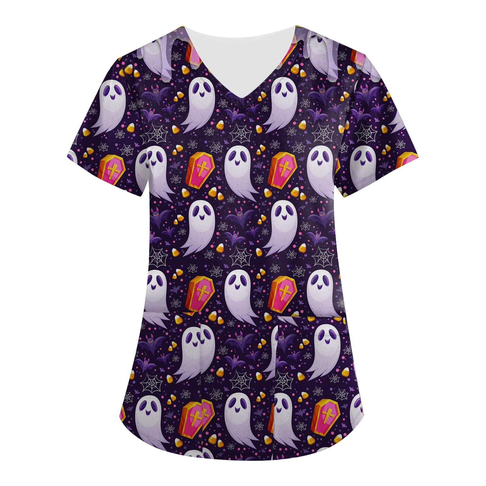 

(SU)Женские топы с короткими рукавами и v-образным вырезом с принтом на Хэллоуин, рабочая блузка с карманами