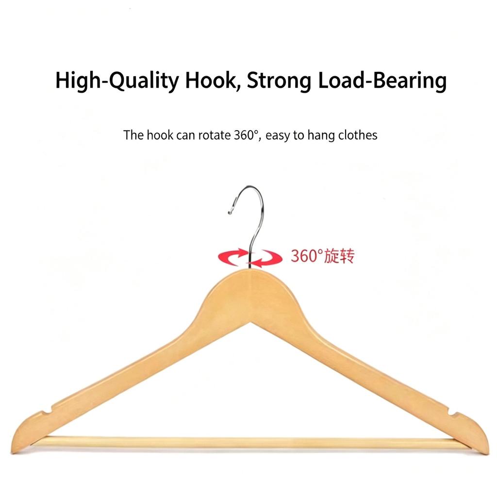 Solid Wood Clothes Hangers, Non-slip Shoulder Grooves 360° Swivel Chrome Hook Garment Hangers for Shirts Pants Dresses, Hotel Closet Storage Organizer