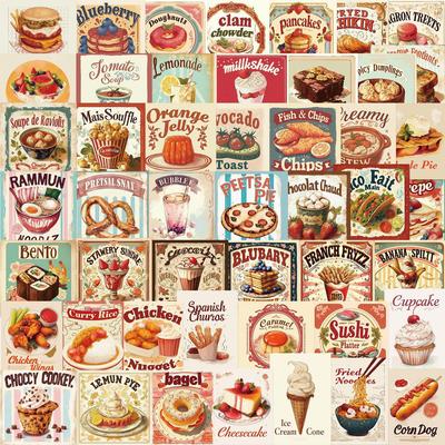 50 Retro-Food-Themen Graffiti-Sticker Pack für DIY-Journaling & Wasserdichte Dekoration