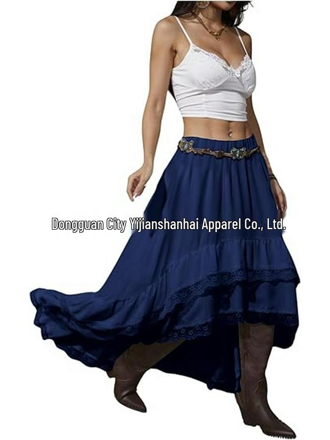 2026 Bohemian Style Printed Waist-Cinched Retro Short Skirt with Elegant Long Lace Design