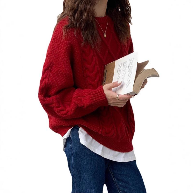 Drehroter Herbst- und Winterpullover mittlerer Länge, verdickt, locker außen, Strickpullover im Lazy-Wind-Stil, Damenpullover mit niedrigem Rundhalsausschnitt