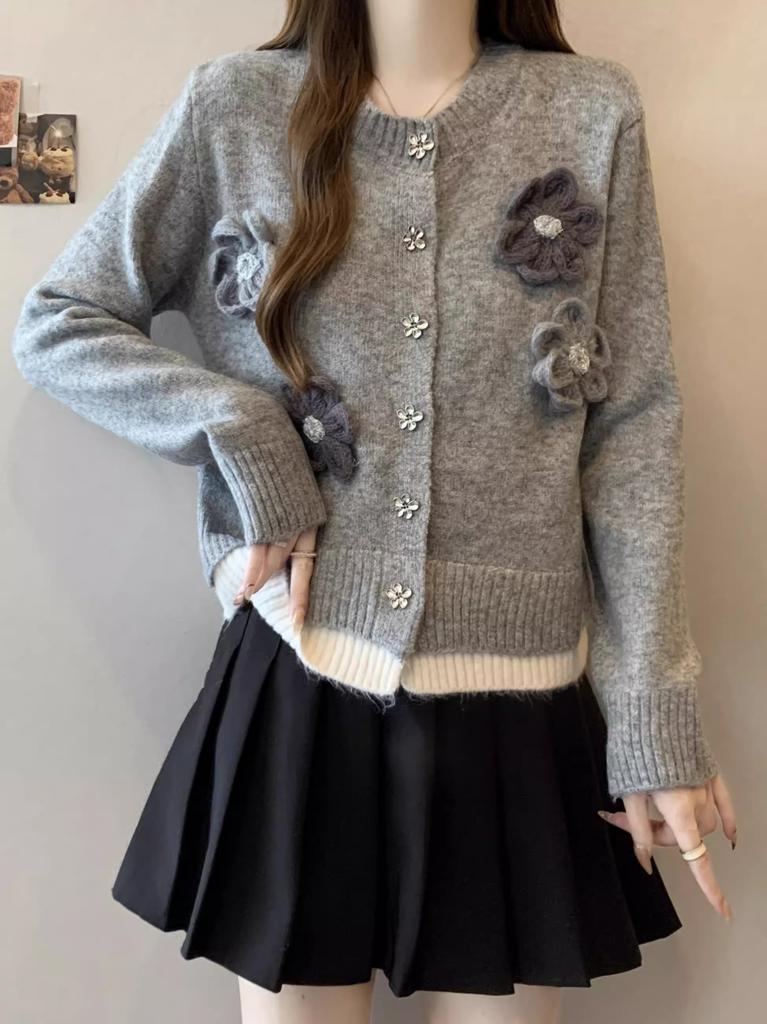 Gray Soft Waxy Knitted Cardigan Sweater Jacket Women's Design Sense Niche High Sense Temperament Top Small Short