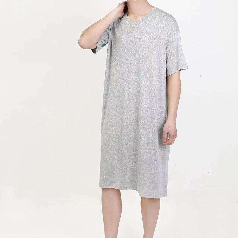 Men's Long Modal Nightgown - Short Sleeve V-Neck